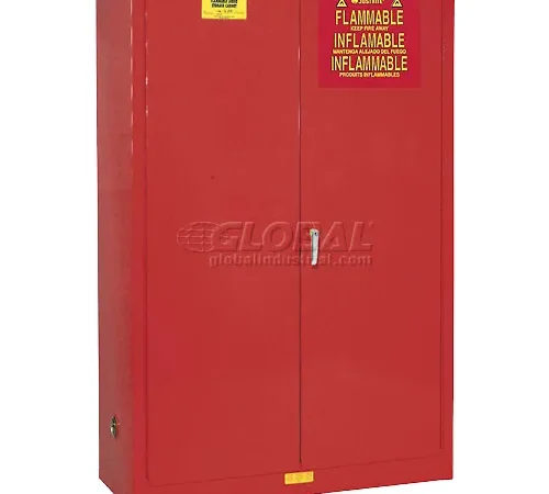 Red flammable storage cabinet with labels