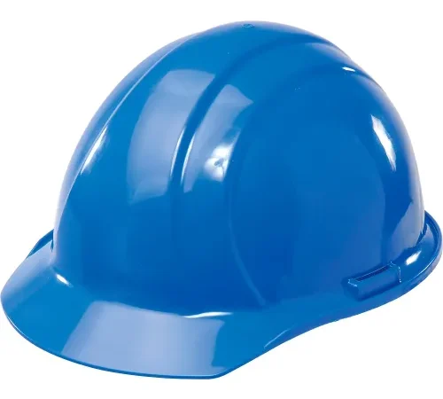 Blue construction hard hat on white background