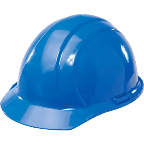 Blue construction hard hat on white background