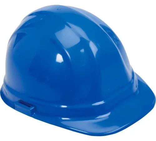 Blue construction hard hat on white background