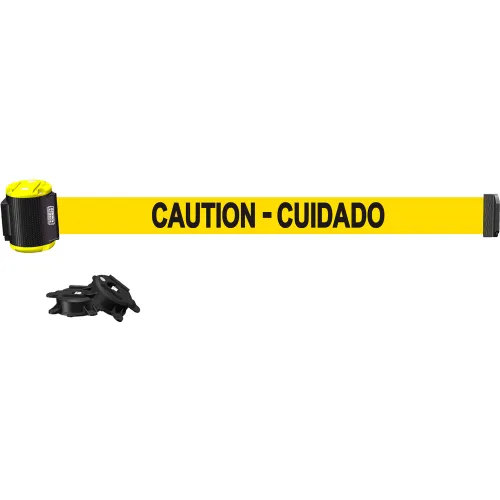 Yellow retractable caution barrier tape