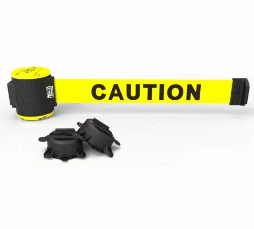 Yellow retractable caution barrier belt with bases