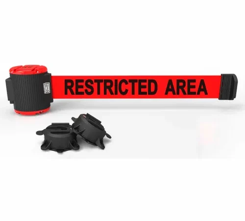 Retractable red belt reading "RESTRICTED AREA