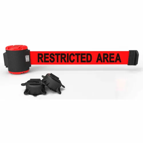 Retractable red belt reading "RESTRICTED AREA