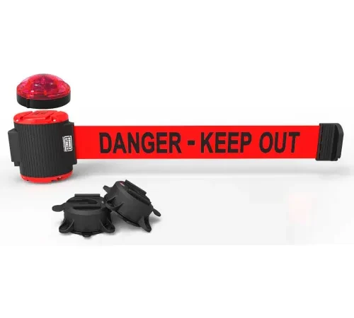 Red retractable barrier belt marked "Danger - Keep Out