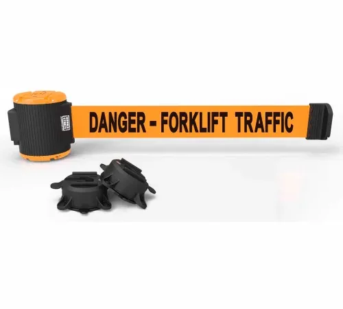 Retractable orange belt labeled "Danger - Forklift Traffic