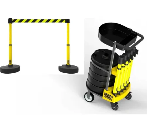 Yellow portable crowd-control stanchions and cart