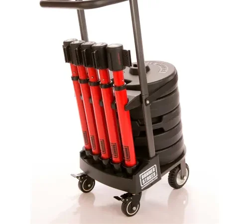 Rolling gym weight cart with red poles
