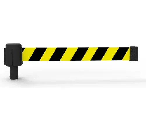 Black and yellow striped retractable belt barrier