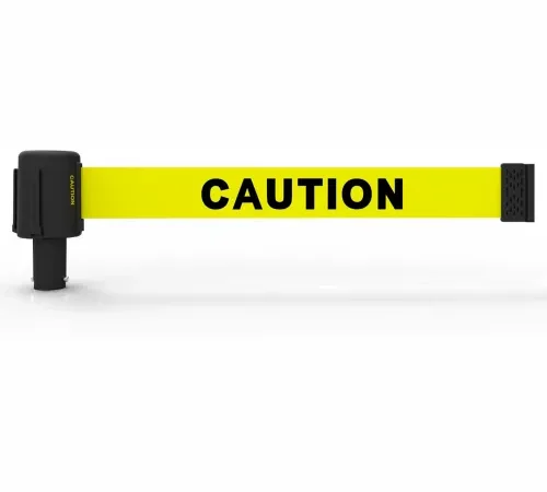 Yellow caution retractable belt barrier
