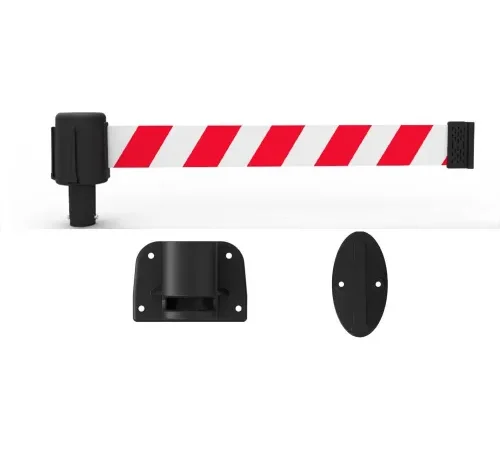 Red and white retractable safety belt barrier