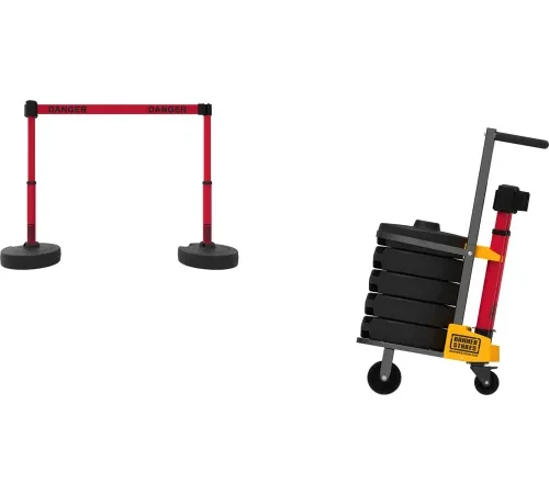 Red danger barrier and wheeled weight cart