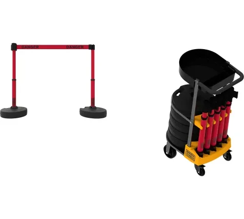 Retractable danger belt stanchions with storage cart
