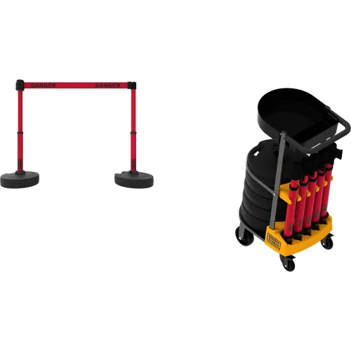 Retractable danger belt stanchions with storage cart