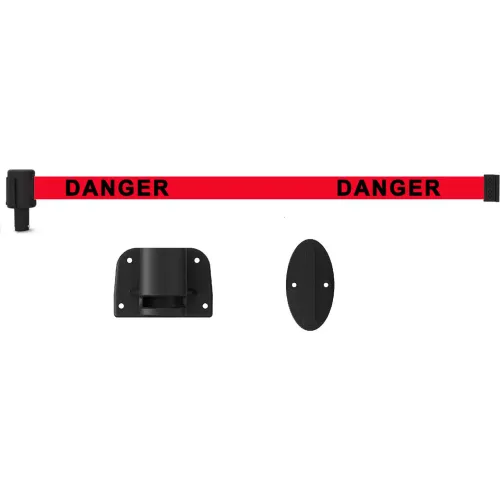 Red retractable DANGER belt barrier with mounts