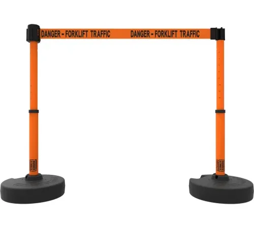 Orange safety stanchions with forklift warning belt