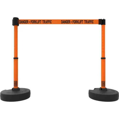 Orange safety stanchions with forklift warning belt