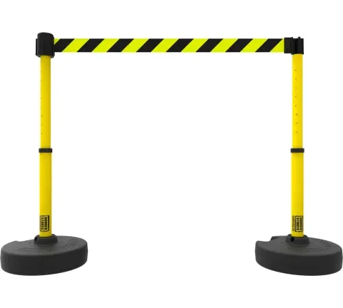 Yellow retractable belt safety stanchions