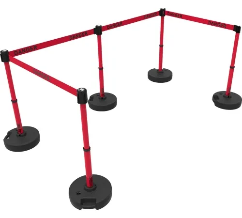 Red danger retractable belt stanchion barrier