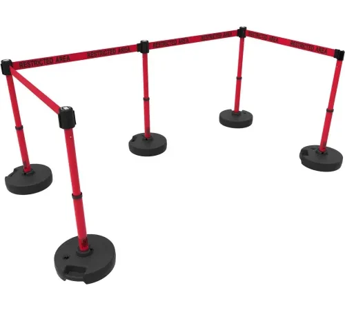 Red retractable stanchions forming restricted area