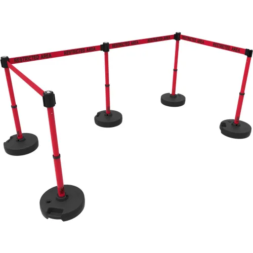 Red retractable stanchions forming restricted area