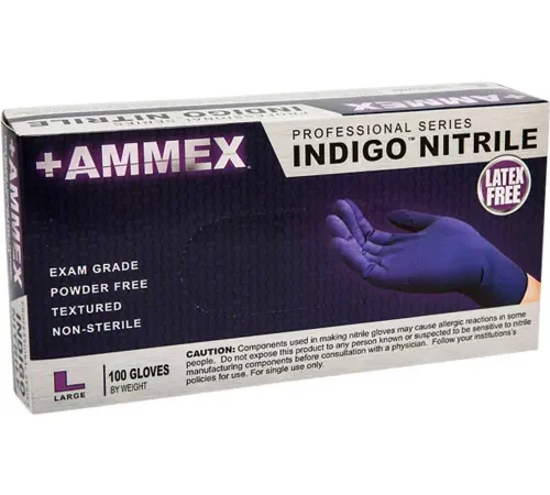Ammex® AINPF Textured Medical/Exam Nitrile Gloves, Powder-Free, Indigo, Small, 100/Box