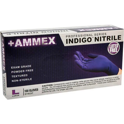 Ammex® AINPF Textured Medical/Exam Nitrile Gloves, Powder-Free, Indigo, Large, 100/Box