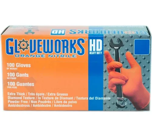 Ammex® Gloveworks Industrial Grade Disposable Nitrile Gloves, Powder-Free, Orange, XL, 100/Box