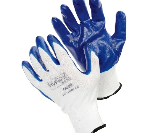 White work gloves with blue nitrile coating