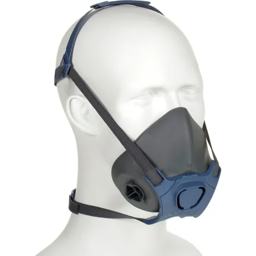 Gray reusable half-face respirator mask on mannequin