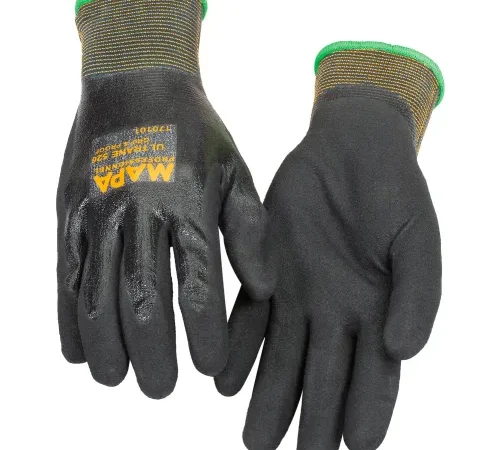 Pair of black work gloves with green cuffs