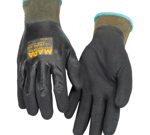 Black rubber-coated work gloves with knit cuffs