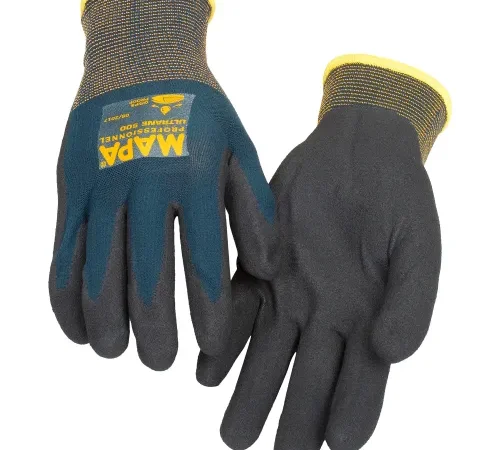 Pair of coated blue and black work gloves
