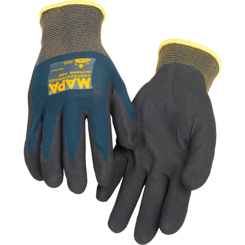 Pair of coated blue and black work gloves