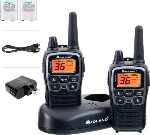 Midland X Talker Two Way Walkie Talkie Set, 2-3/5"W x 1-2/5"D x 6-1/10"H, Black, Pack of 2