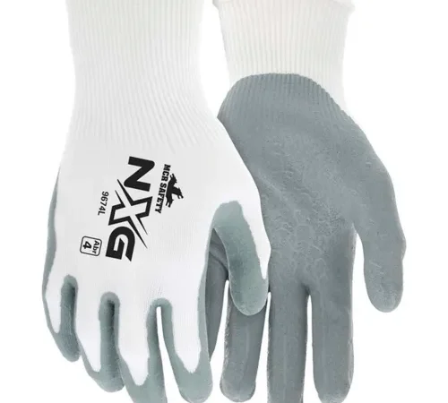White knit gloves with grey coated palms