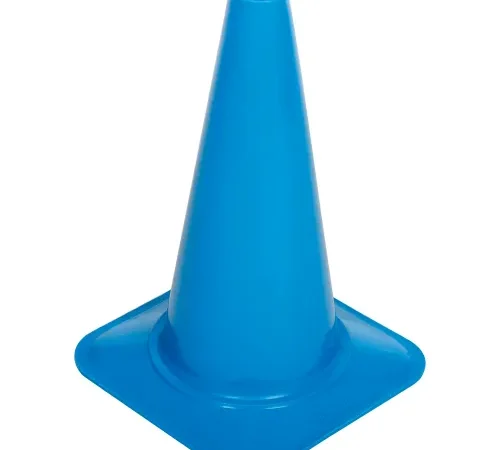 Blue plastic traffic cone on white background