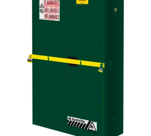 Green Justrite flammable safety storage cabinet