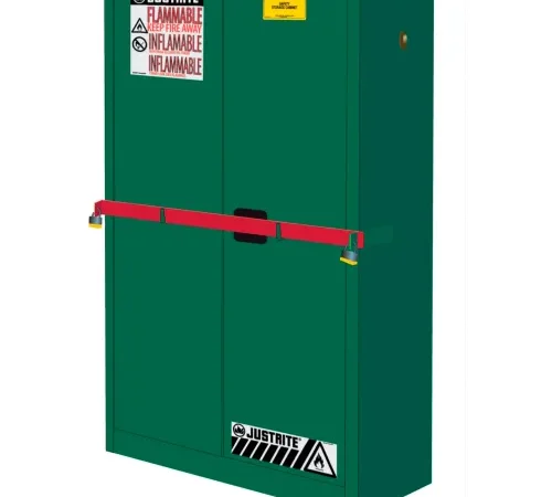 Green flammable storage cabinet with red panic bar
