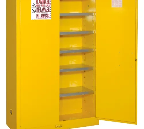 Yellow flammable storage cabinet with shelves