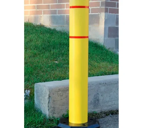 Yellow safety bollard with red reflective bands
