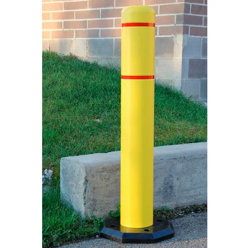 Yellow safety bollard with red reflective bands
