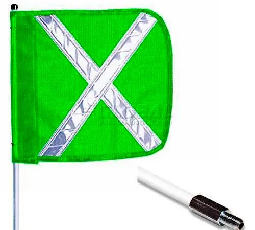 3' Heavy Duty Standard Threaded Hex Base Warning Whip w/o Light, 12"x11" Green w/ X Rectangle Flag