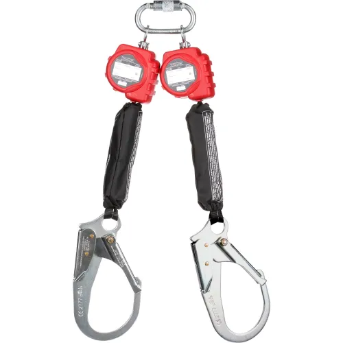 Double-leg fall protection lanyard with red absorbers