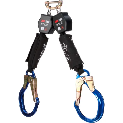 Dual-leg fall-arrest lanyard with blue carabiners