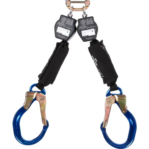 Dual-leg fall arrest lanyard with blue hooks