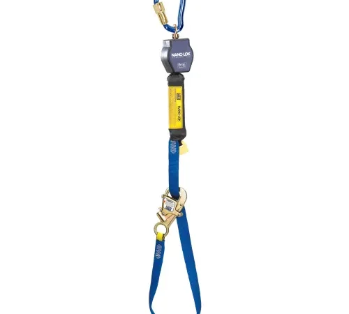 Retractable fall-arrest lanyard with blue strap