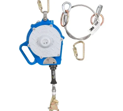Blue self-retracting lifeline with cable and carabiners