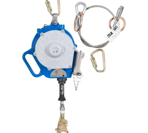 Blue retractable fall arrest lifeline with carabiners