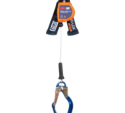 Orange retractable lifeline with blue carabiner